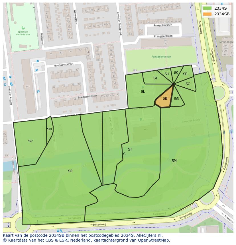 Afbeelding van het postcodegebied 2034 SB op de kaart.