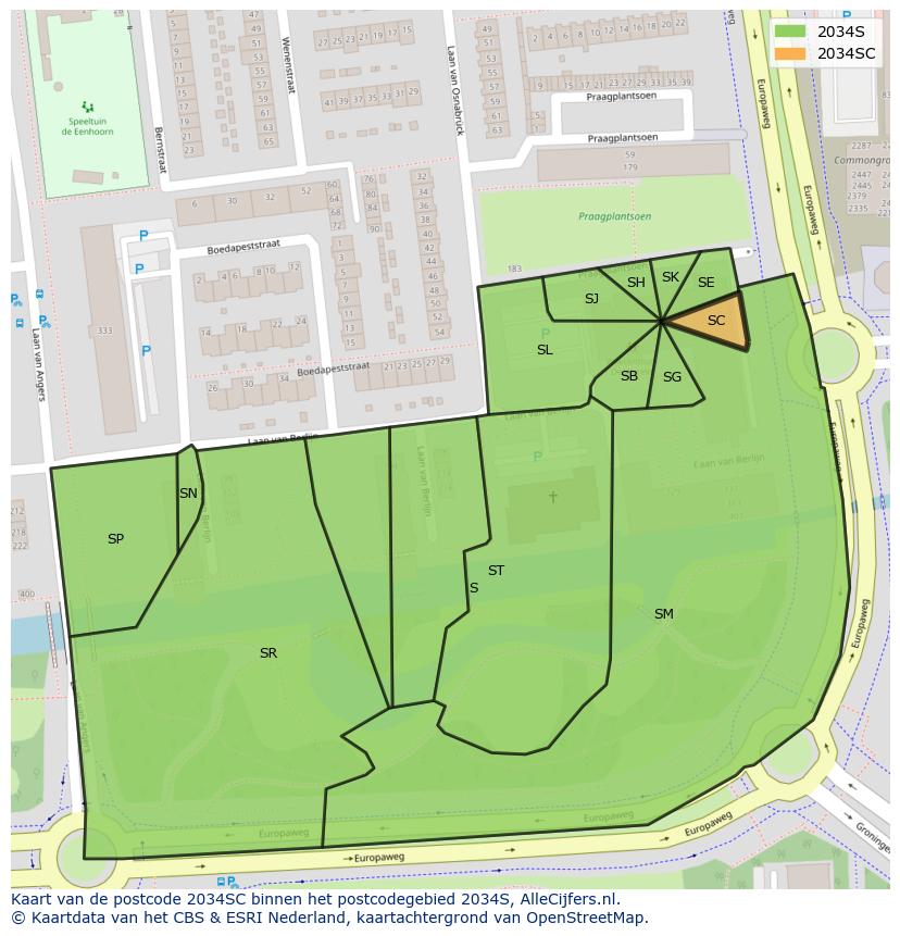Afbeelding van het postcodegebied 2034 SC op de kaart.
