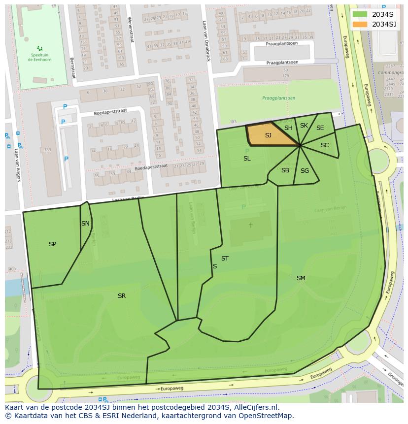Afbeelding van het postcodegebied 2034 SJ op de kaart.
