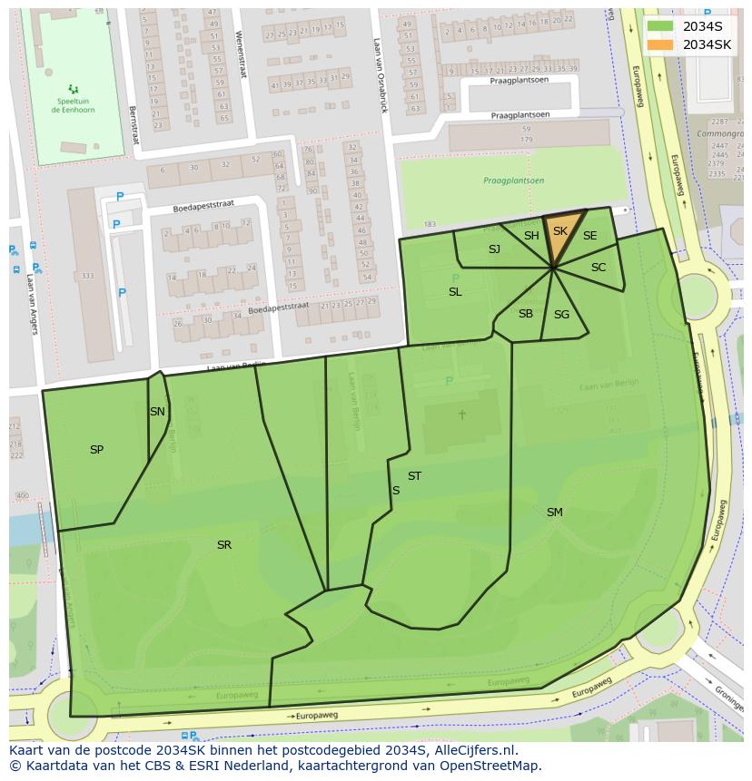 Afbeelding van het postcodegebied 2034 SK op de kaart.