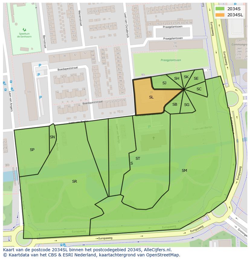 Afbeelding van het postcodegebied 2034 SL op de kaart.