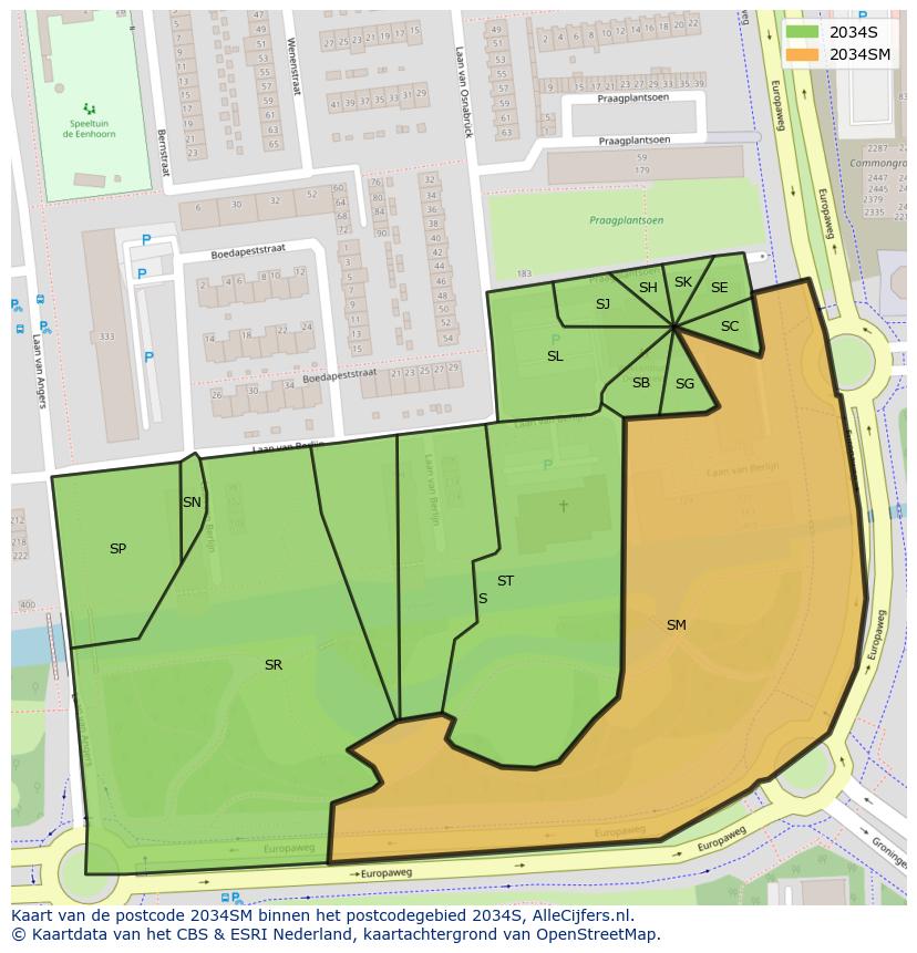 Afbeelding van het postcodegebied 2034 SM op de kaart.