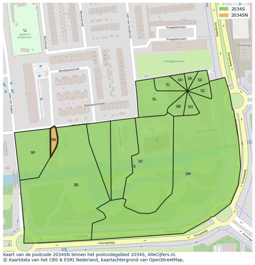 Afbeelding van het postcodegebied 2034 SN op de kaart.