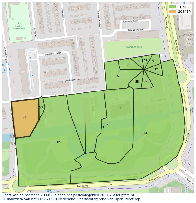 Afbeelding van het postcodegebied 2034 SP op de kaart.