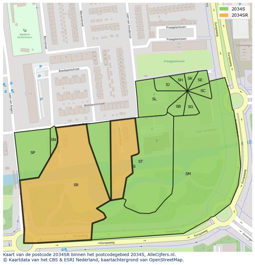Afbeelding van het postcodegebied 2034 SR op de kaart.