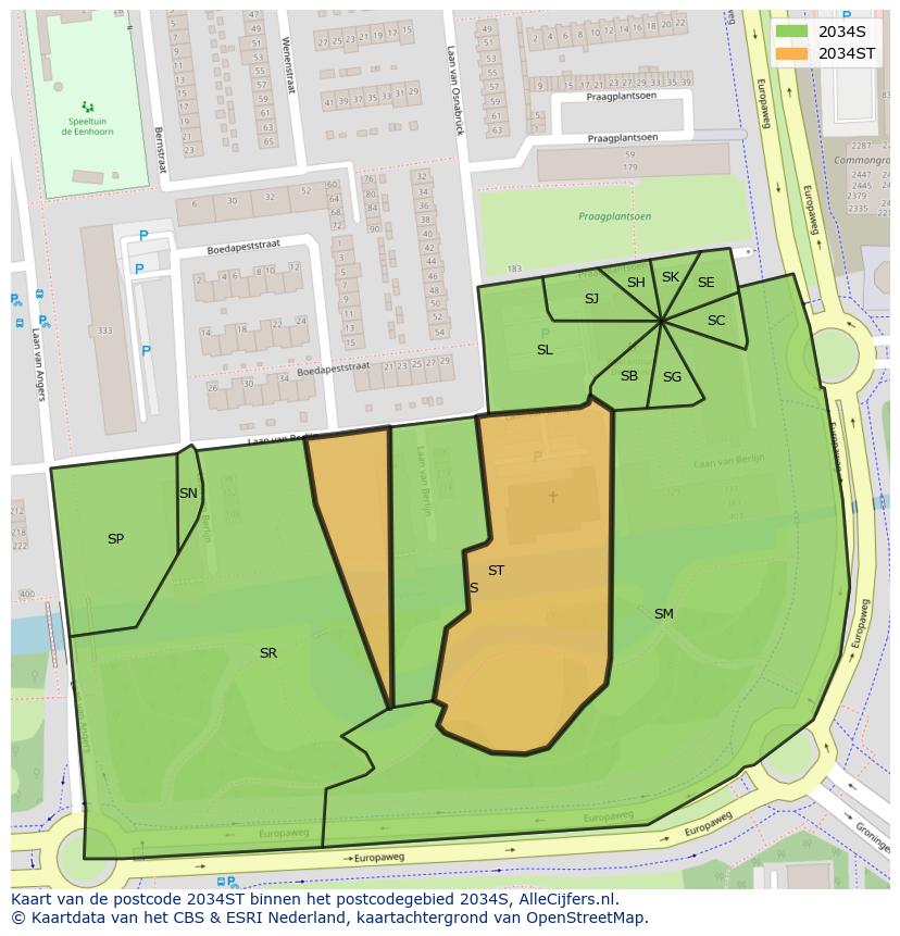 Afbeelding van het postcodegebied 2034 ST op de kaart.