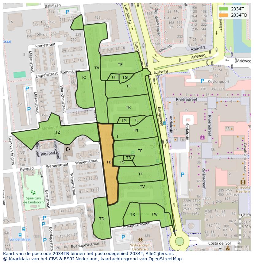 Afbeelding van het postcodegebied 2034 TB op de kaart.