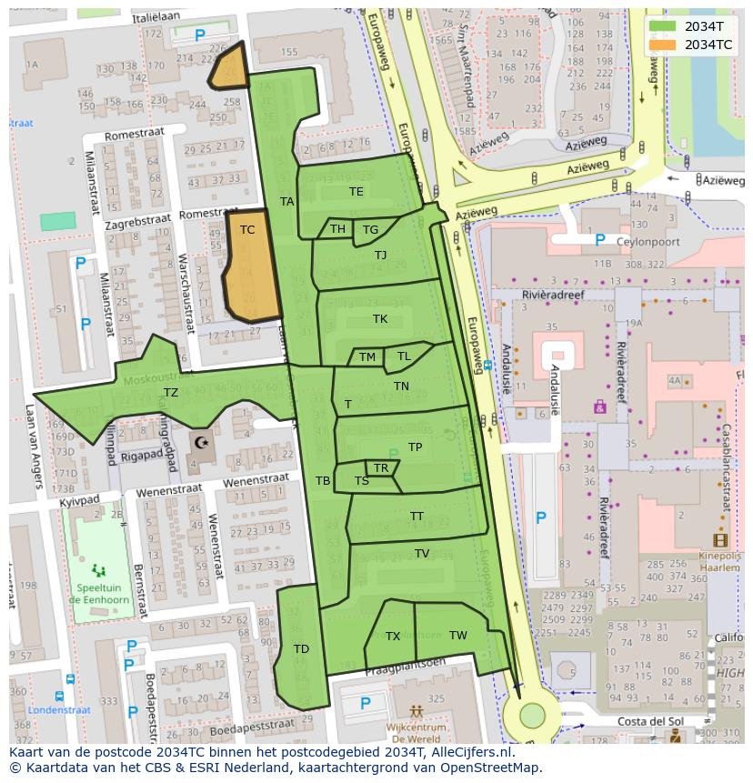 Afbeelding van het postcodegebied 2034 TC op de kaart.