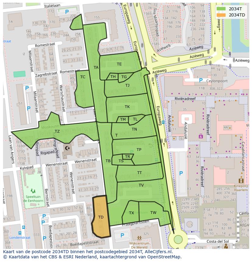 Afbeelding van het postcodegebied 2034 TD op de kaart.