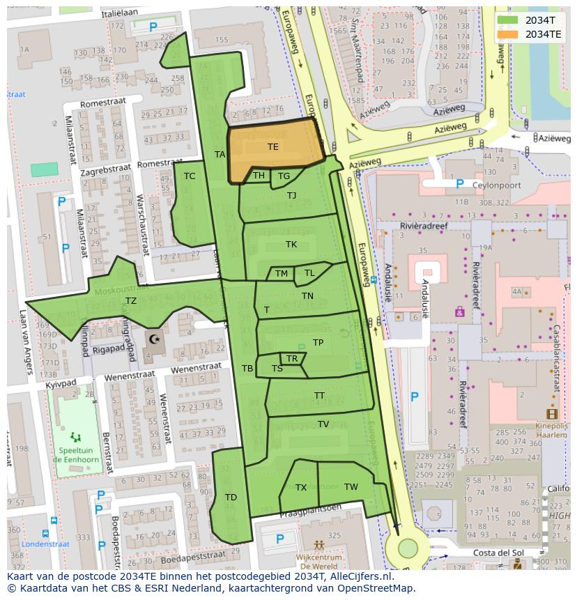 Afbeelding van het postcodegebied 2034 TE op de kaart.
