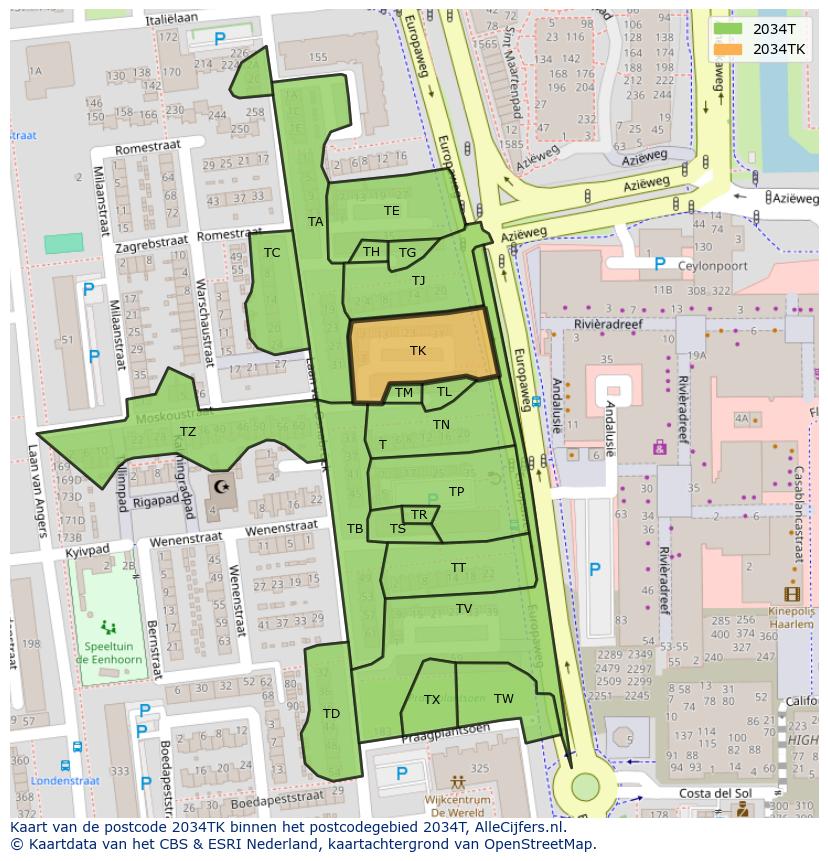 Afbeelding van het postcodegebied 2034 TK op de kaart.