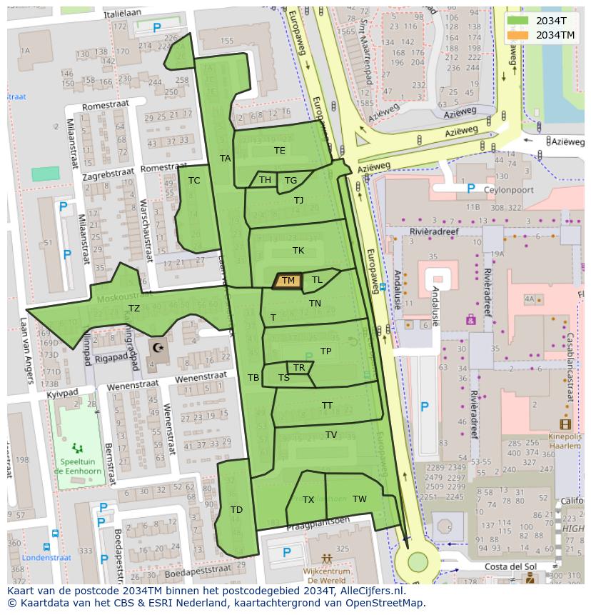 Afbeelding van het postcodegebied 2034 TM op de kaart.