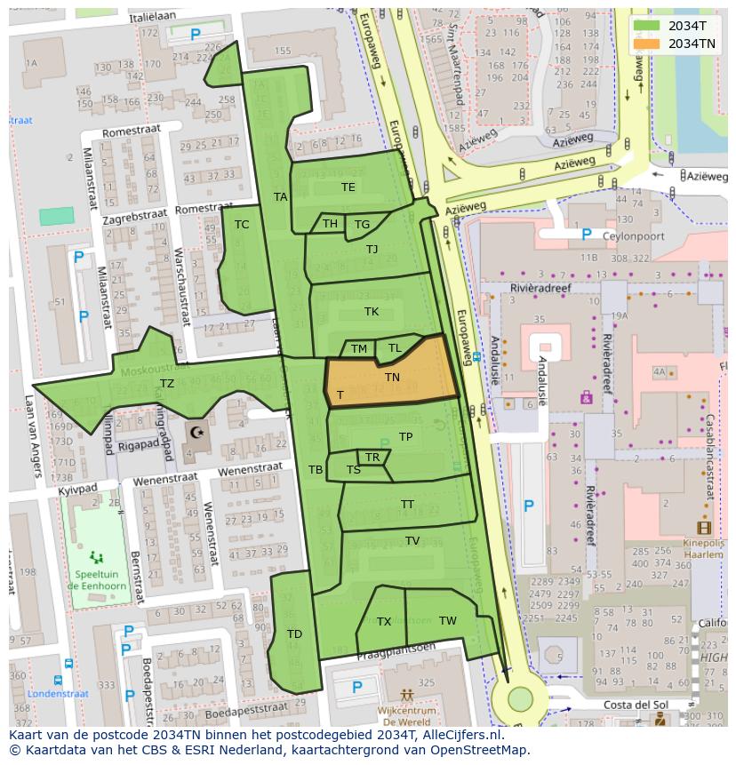 Afbeelding van het postcodegebied 2034 TN op de kaart.