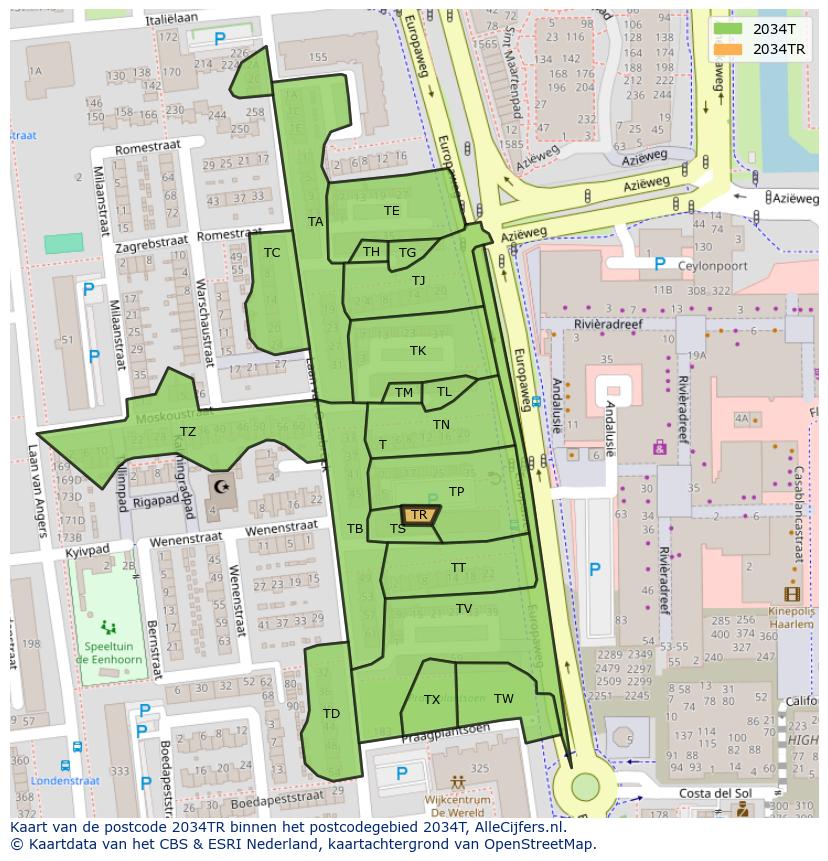 Afbeelding van het postcodegebied 2034 TR op de kaart.