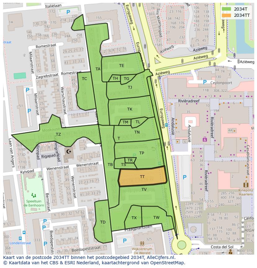 Afbeelding van het postcodegebied 2034 TT op de kaart.