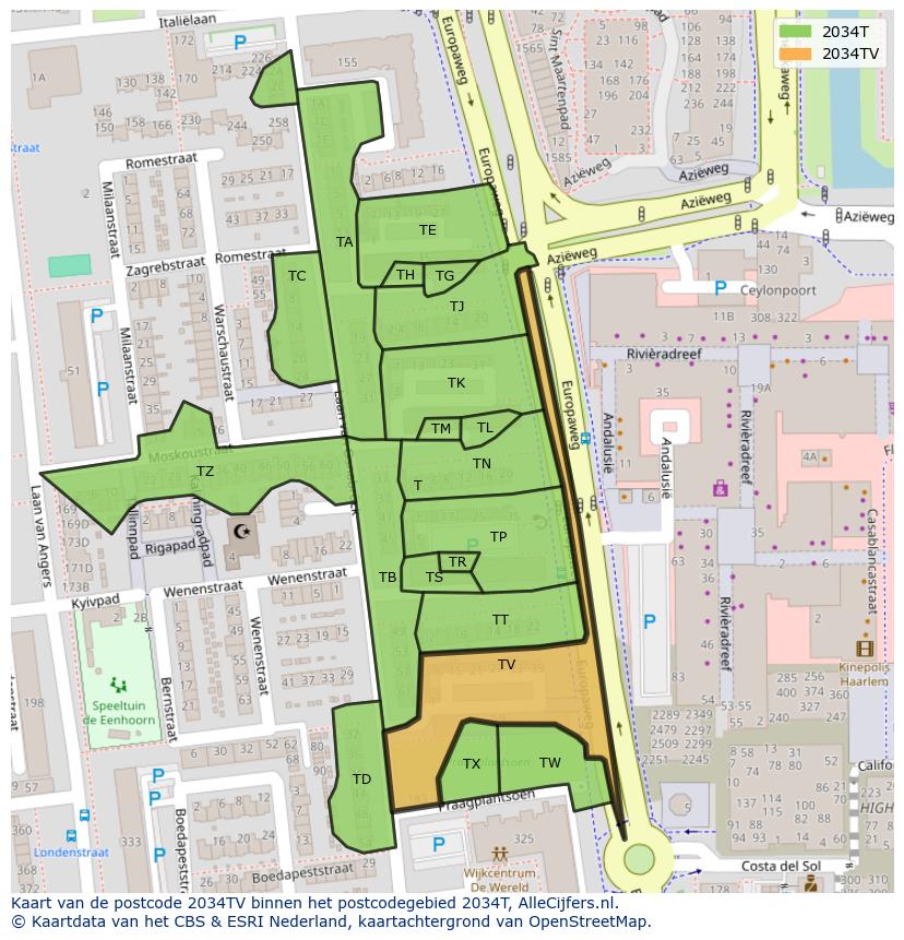 Afbeelding van het postcodegebied 2034 TV op de kaart.