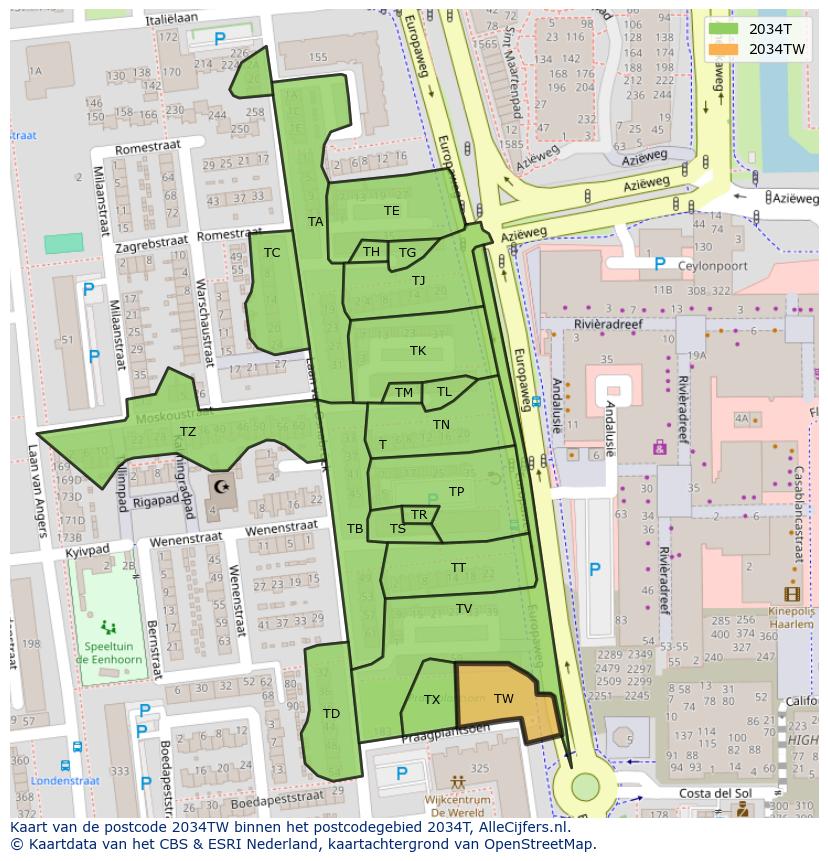 Afbeelding van het postcodegebied 2034 TW op de kaart.