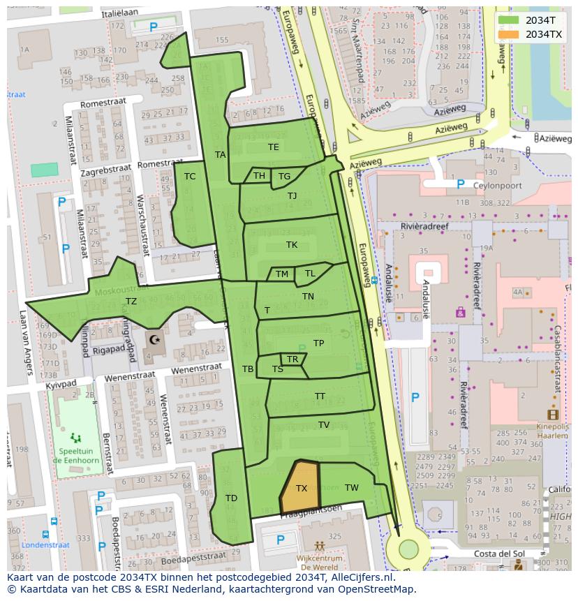 Afbeelding van het postcodegebied 2034 TX op de kaart.