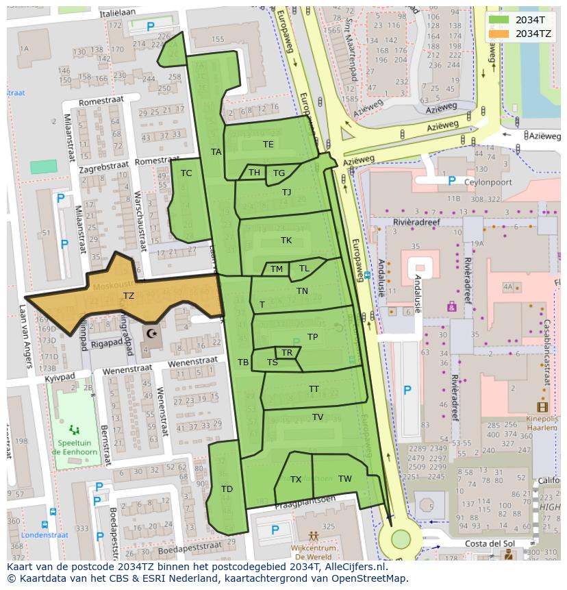 Afbeelding van het postcodegebied 2034 TZ op de kaart.