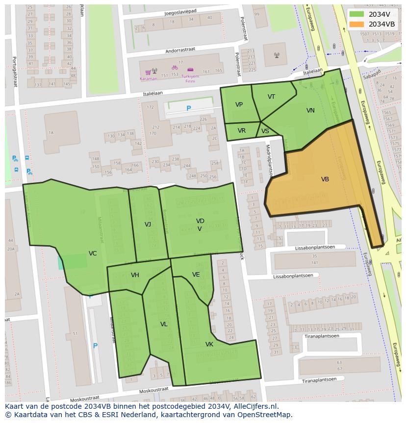 Afbeelding van het postcodegebied 2034 VB op de kaart.