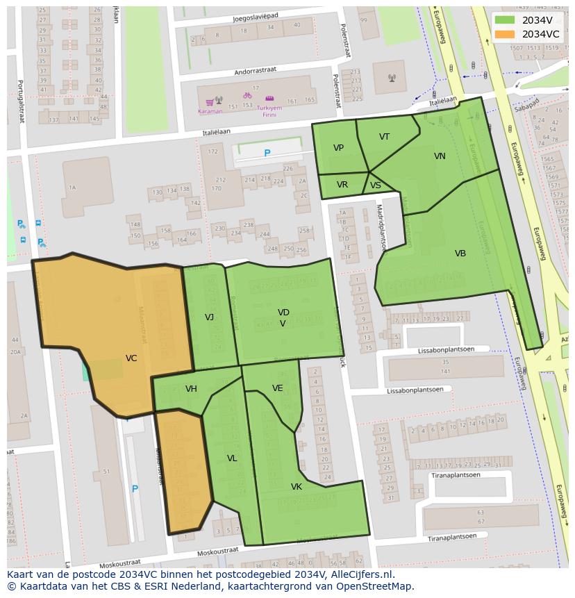 Afbeelding van het postcodegebied 2034 VC op de kaart.
