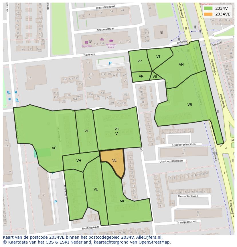 Afbeelding van het postcodegebied 2034 VE op de kaart.