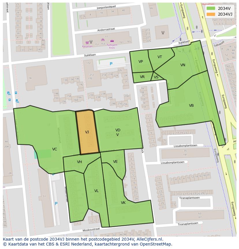 Afbeelding van het postcodegebied 2034 VJ op de kaart.