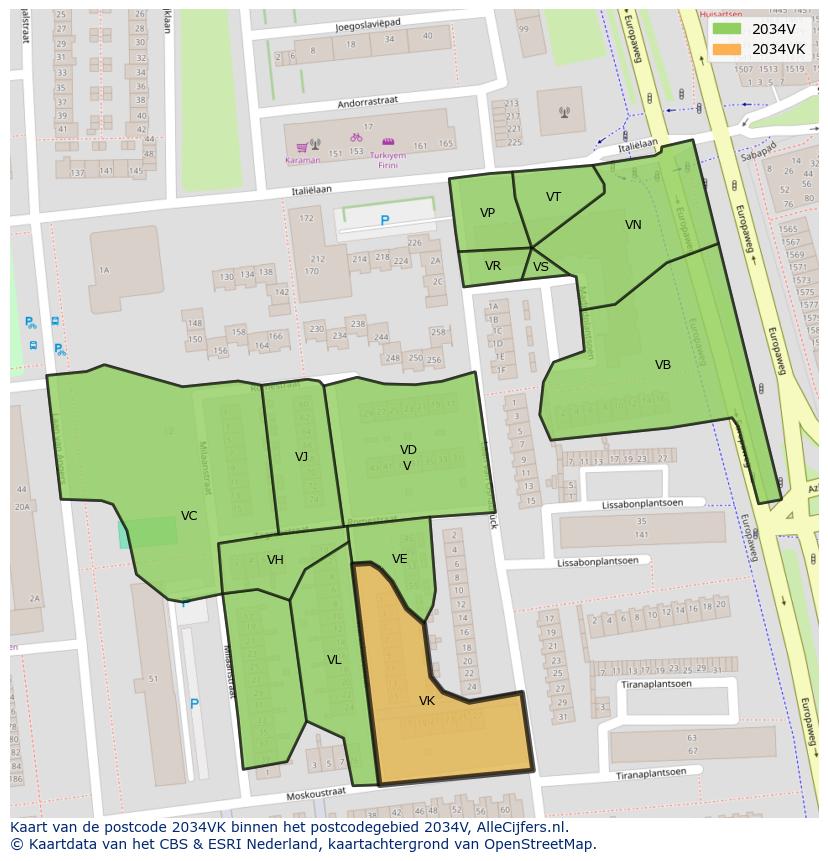 Afbeelding van het postcodegebied 2034 VK op de kaart.