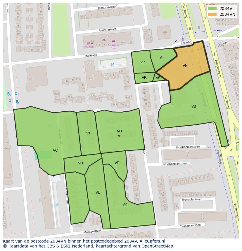 Afbeelding van het postcodegebied 2034 VN op de kaart.