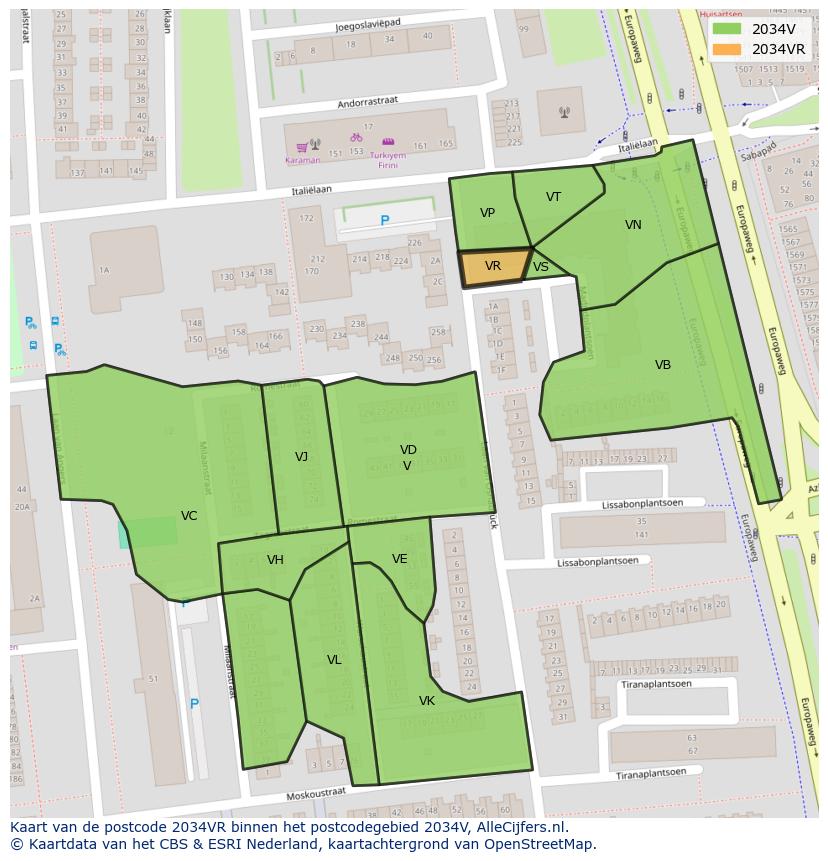 Afbeelding van het postcodegebied 2034 VR op de kaart.