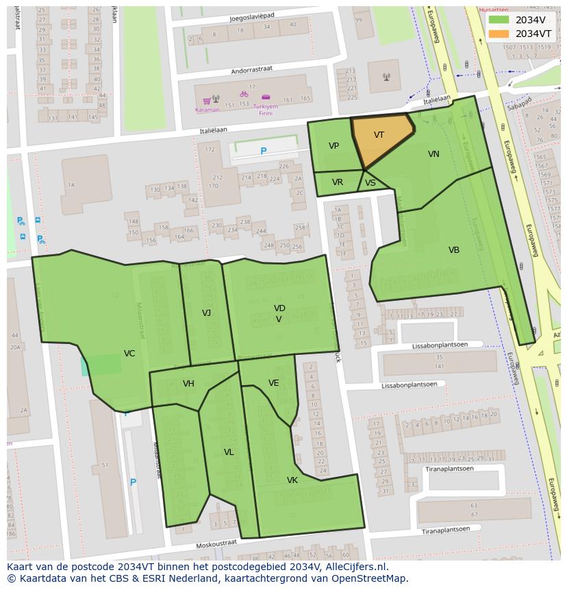 Afbeelding van het postcodegebied 2034 VT op de kaart.