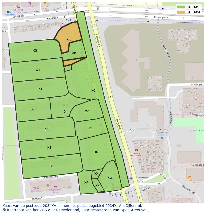 Afbeelding van het postcodegebied 2034 XA op de kaart.