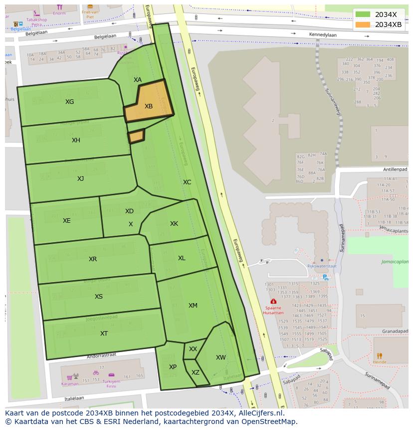 Afbeelding van het postcodegebied 2034 XB op de kaart.
