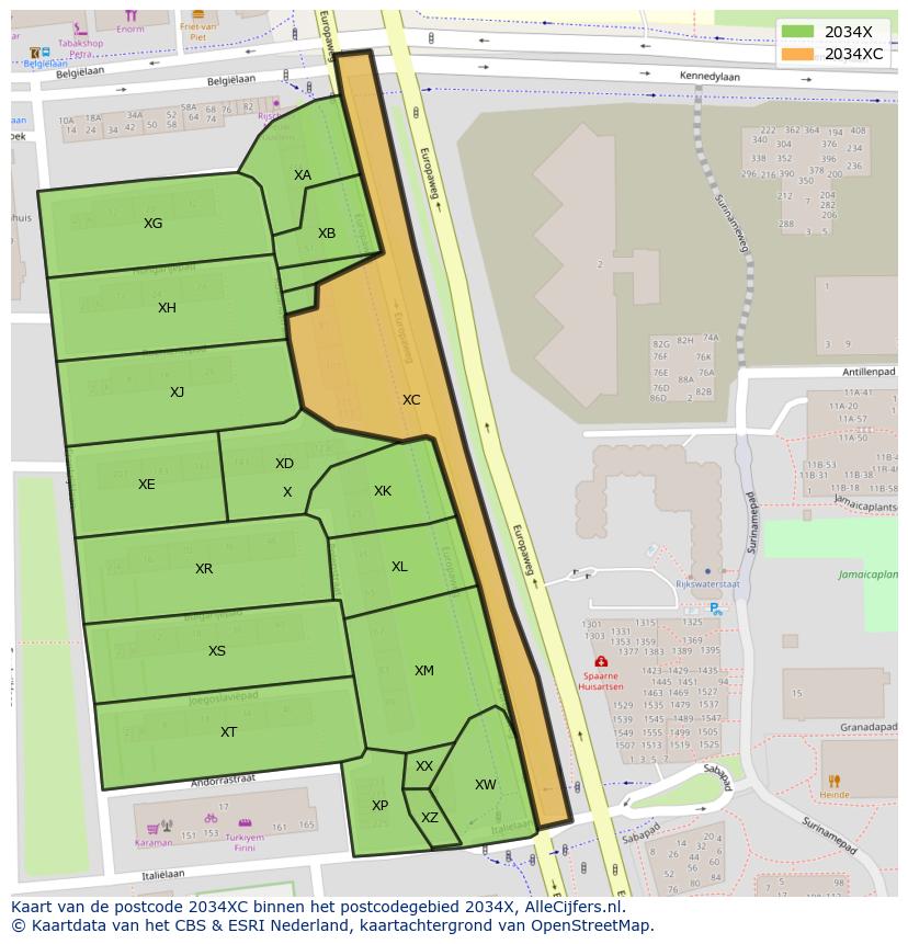Afbeelding van het postcodegebied 2034 XC op de kaart.
