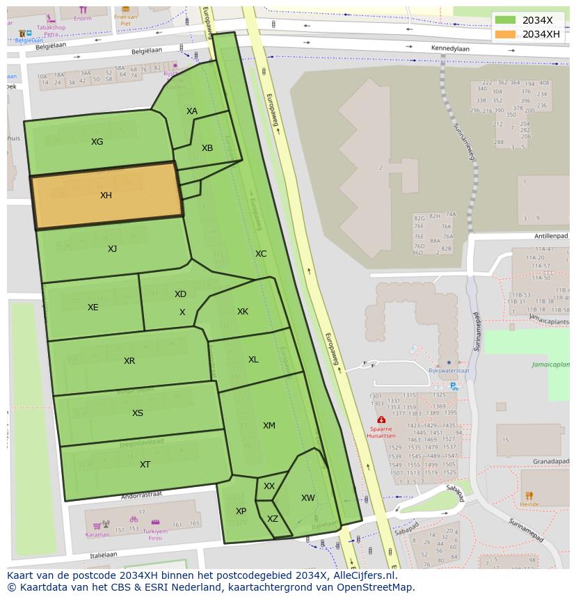 Afbeelding van het postcodegebied 2034 XH op de kaart.