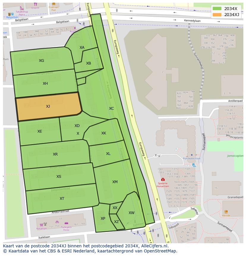 Afbeelding van het postcodegebied 2034 XJ op de kaart.