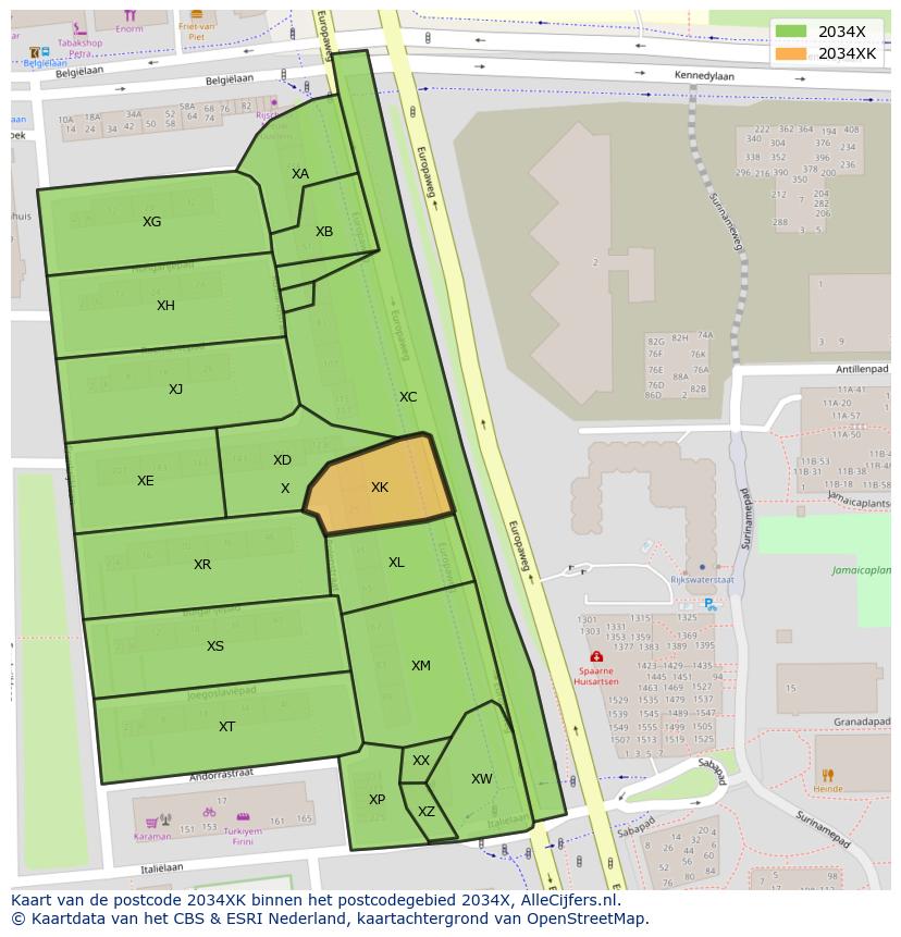 Afbeelding van het postcodegebied 2034 XK op de kaart.