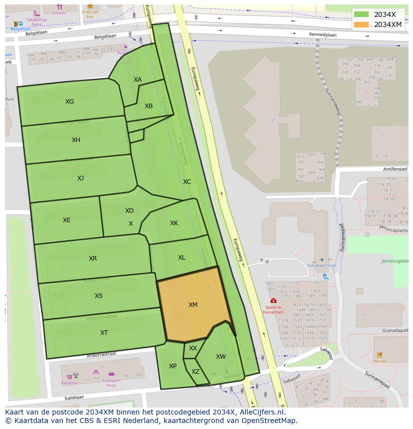 Afbeelding van het postcodegebied 2034 XM op de kaart.
