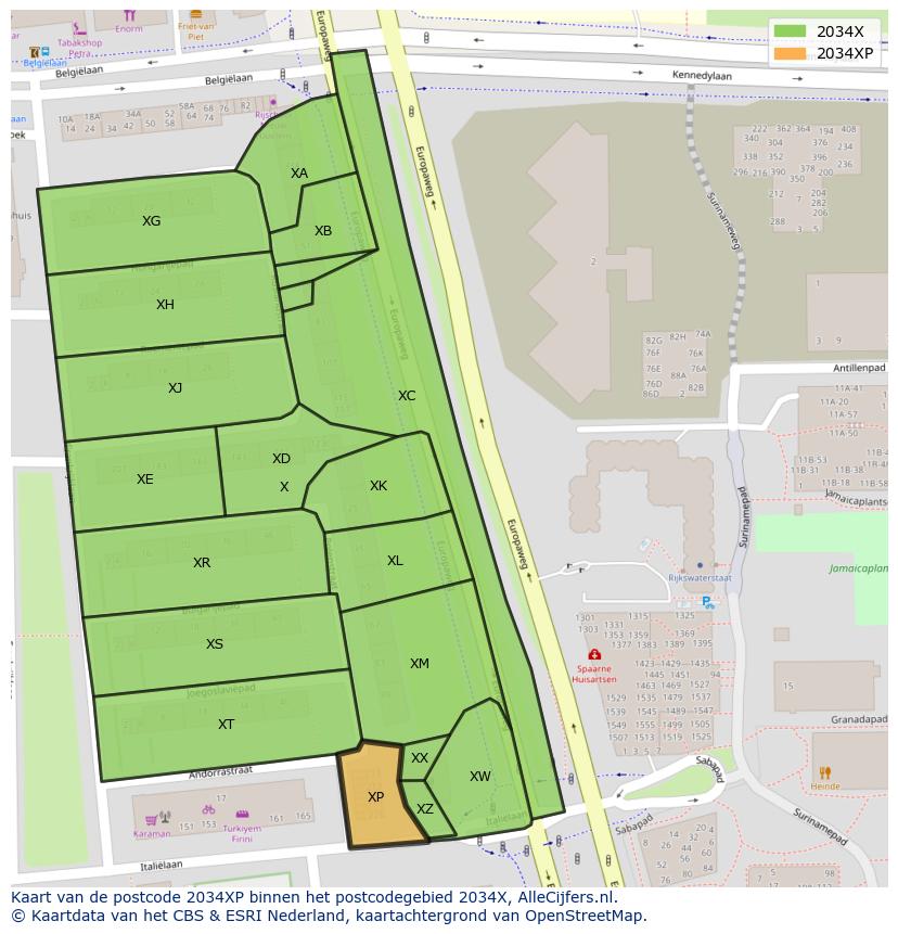 Afbeelding van het postcodegebied 2034 XP op de kaart.