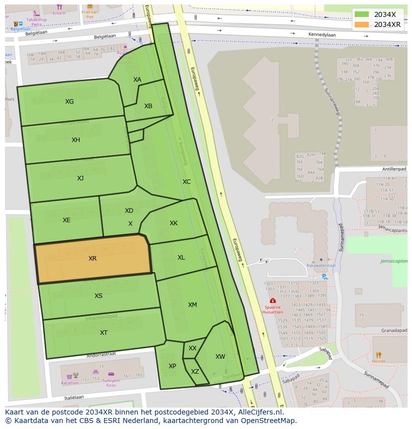 Afbeelding van het postcodegebied 2034 XR op de kaart.
