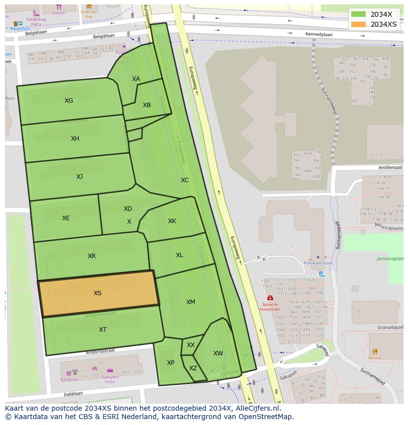 Afbeelding van het postcodegebied 2034 XS op de kaart.