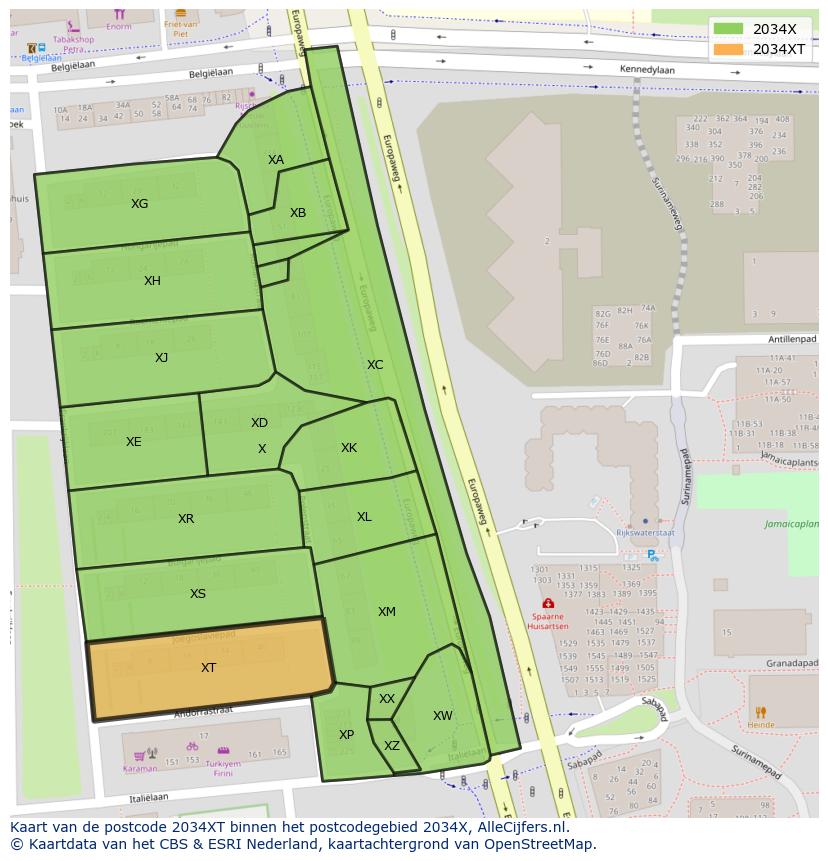 Afbeelding van het postcodegebied 2034 XT op de kaart.