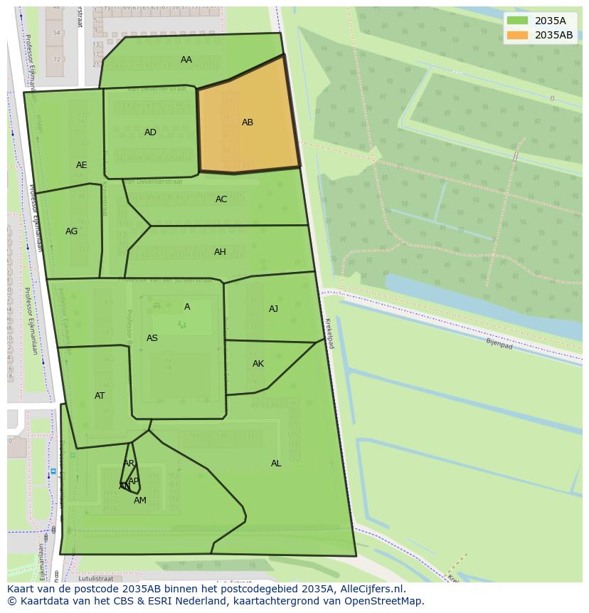 Afbeelding van het postcodegebied 2035 AB op de kaart.
