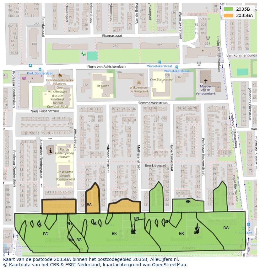 Afbeelding van het postcodegebied 2035 BA op de kaart.