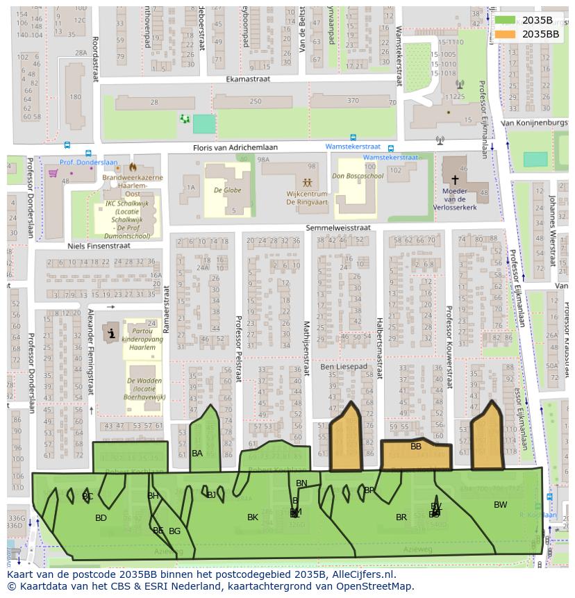 Afbeelding van het postcodegebied 2035 BB op de kaart.