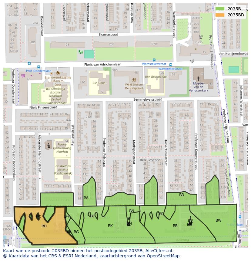 Afbeelding van het postcodegebied 2035 BD op de kaart.