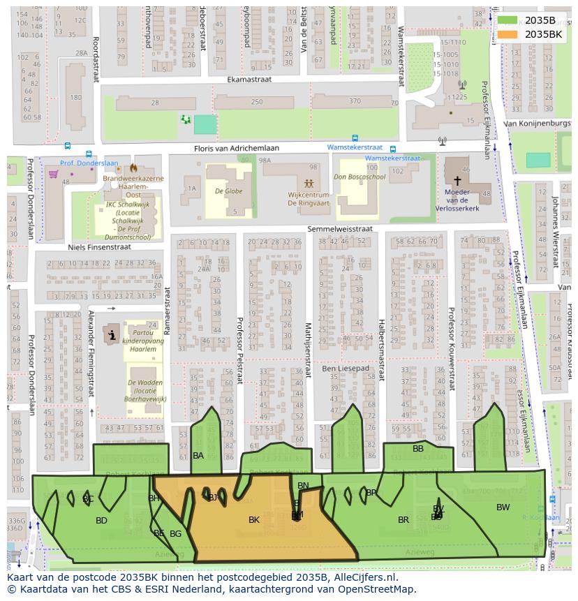Afbeelding van het postcodegebied 2035 BK op de kaart.