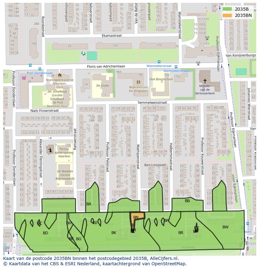 Afbeelding van het postcodegebied 2035 BN op de kaart.