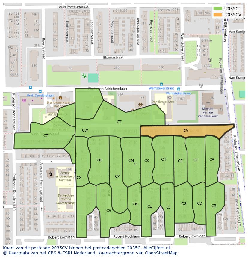 Afbeelding van het postcodegebied 2035 CV op de kaart.