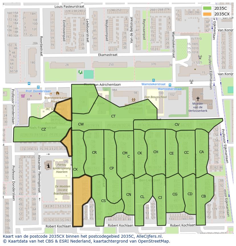 Afbeelding van het postcodegebied 2035 CX op de kaart.